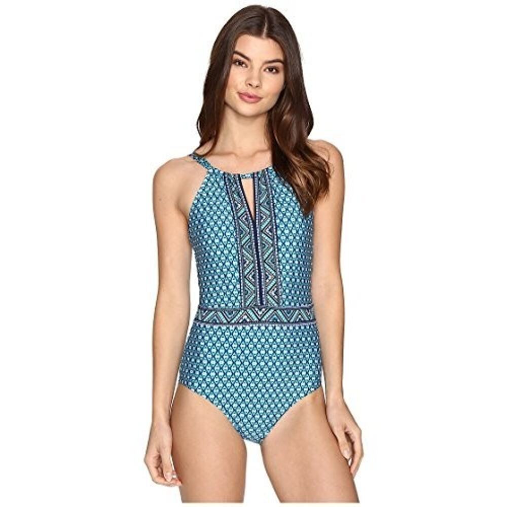 Jantzen Womens Swimsuit Bathing Suit‎ Blue 14 High Neck Keyhole Swimsuit